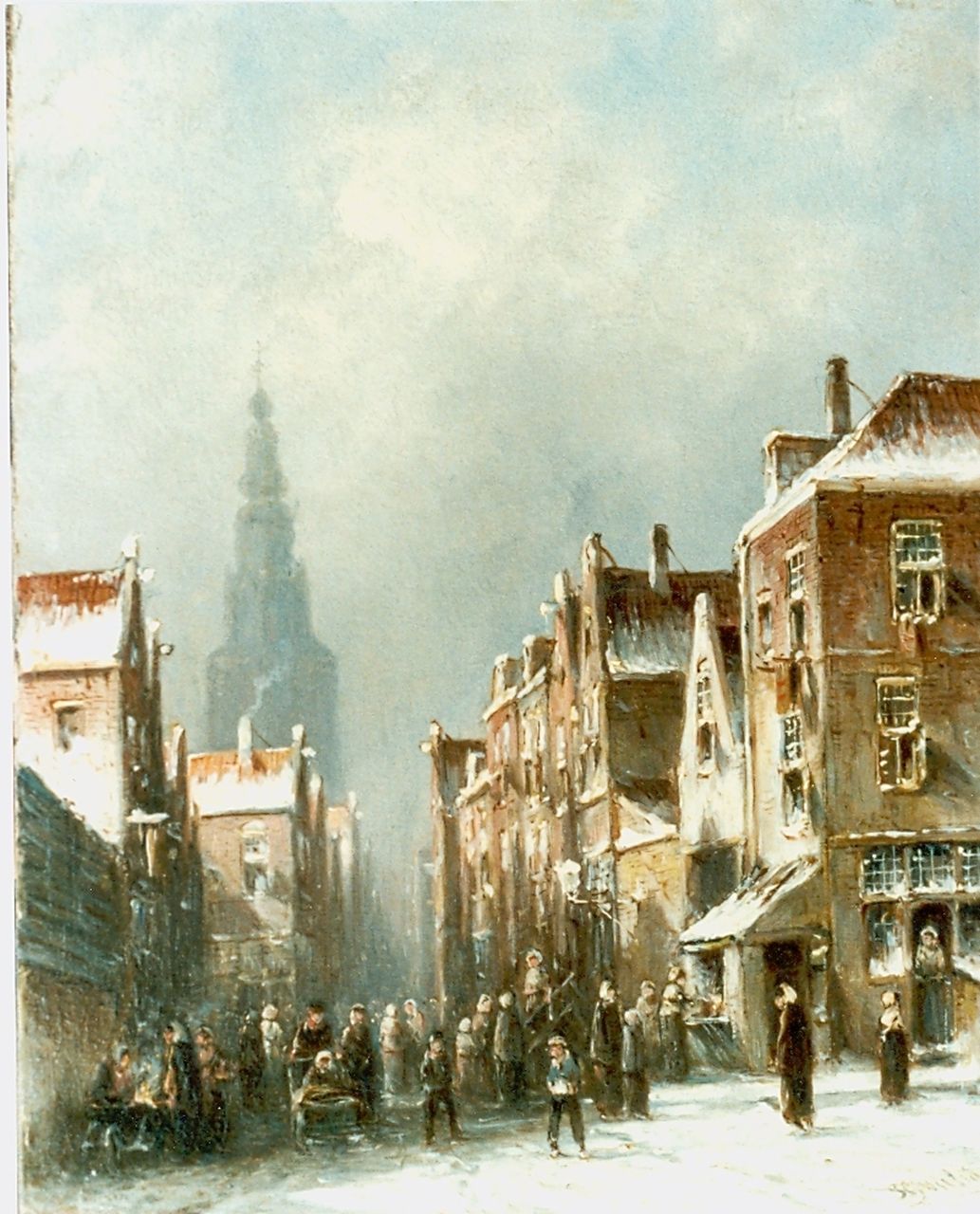 Vertin P.G.  | Petrus Gerardus Vertin, Figures in a snow-covered town, oil on panel 26.5 x 19.5 cm, signed l.r. and dated '56