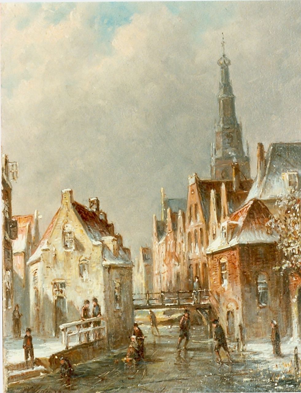 Vertin P.G.  | Petrus Gerardus Vertin, Canal with skaters, oil on panel 24.0 x 19.4 cm, signed l.l.