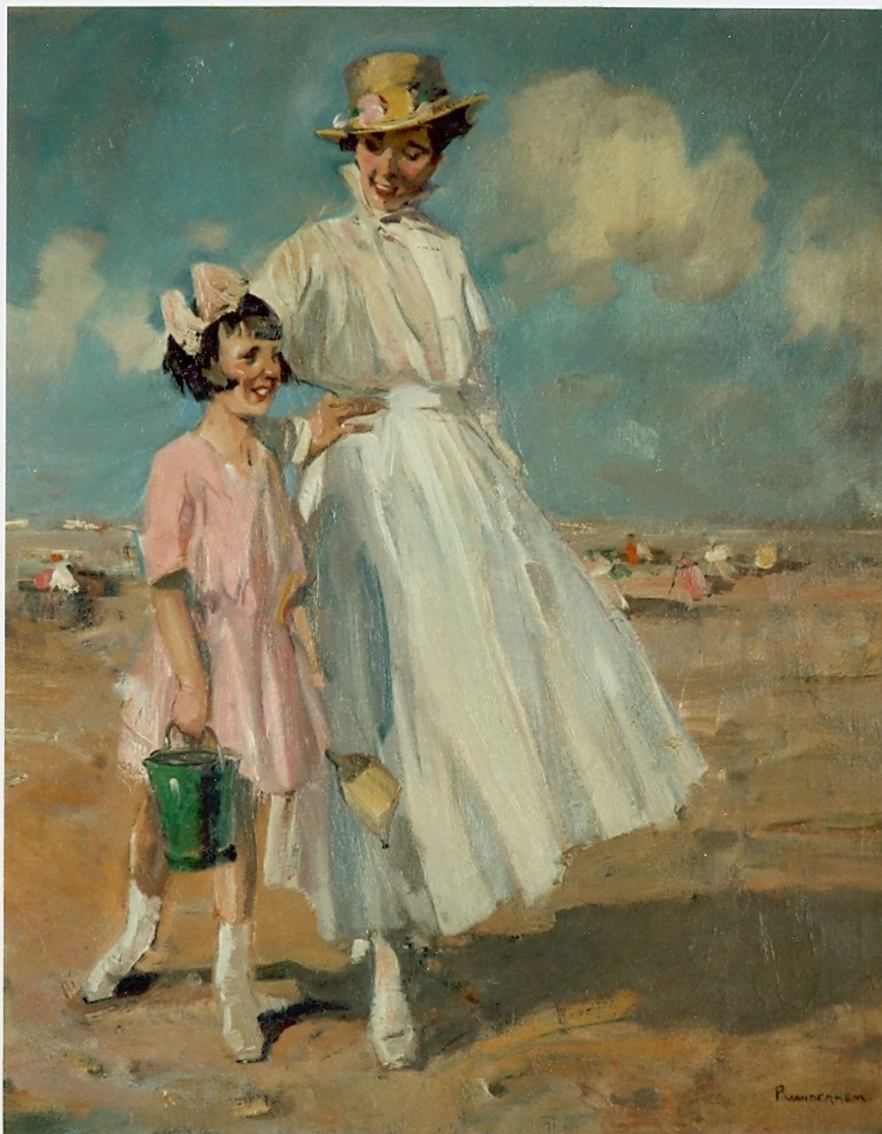 Hem P. van der | Pieter 'Piet' van der Hem, A beach scene with mother and daughter strolling, oil on canvas 79.0 x 65.5 cm, signed l.r.