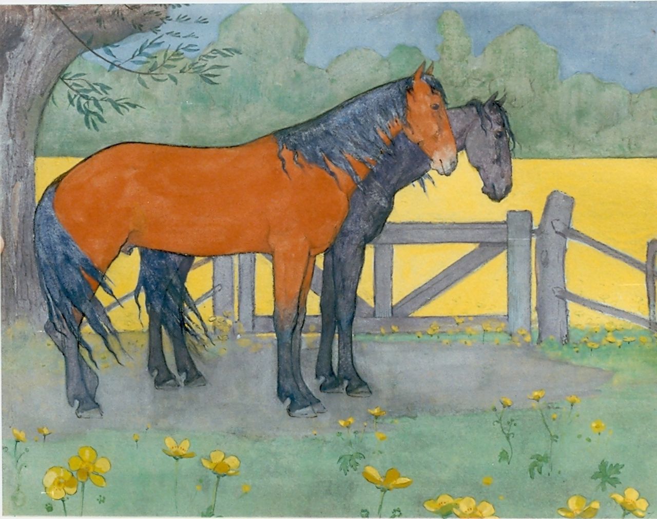 Voerman sr. J.  | Jan Voerman sr., Two horses, gouache on board 25.0 x 32.0 cm, signed signed with monogram