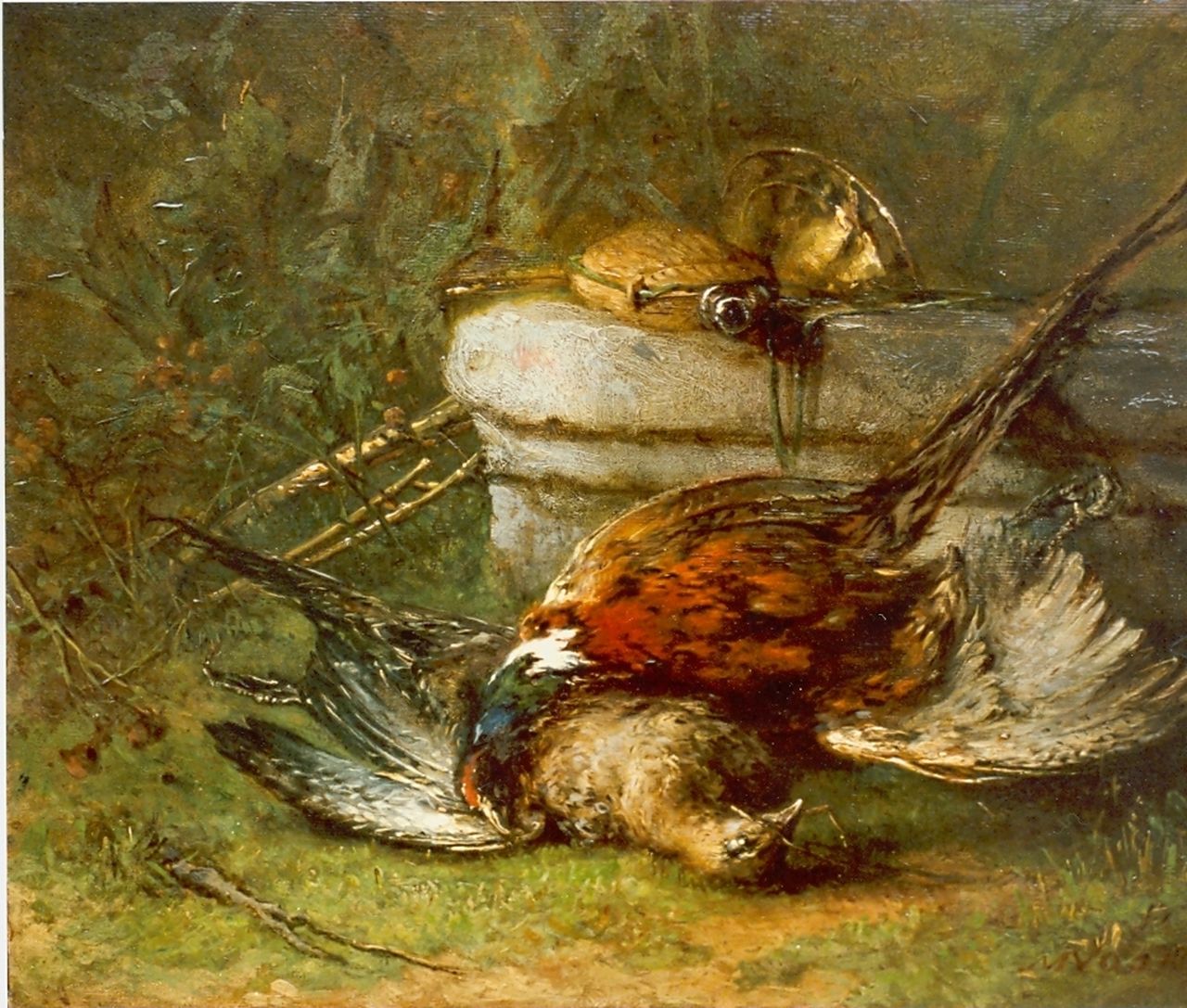 Vos M.  | Maria Vos, A hunting still life with pheasants, oil on panel 25.3 x 31.0 cm, signed l.r. and dated 1892