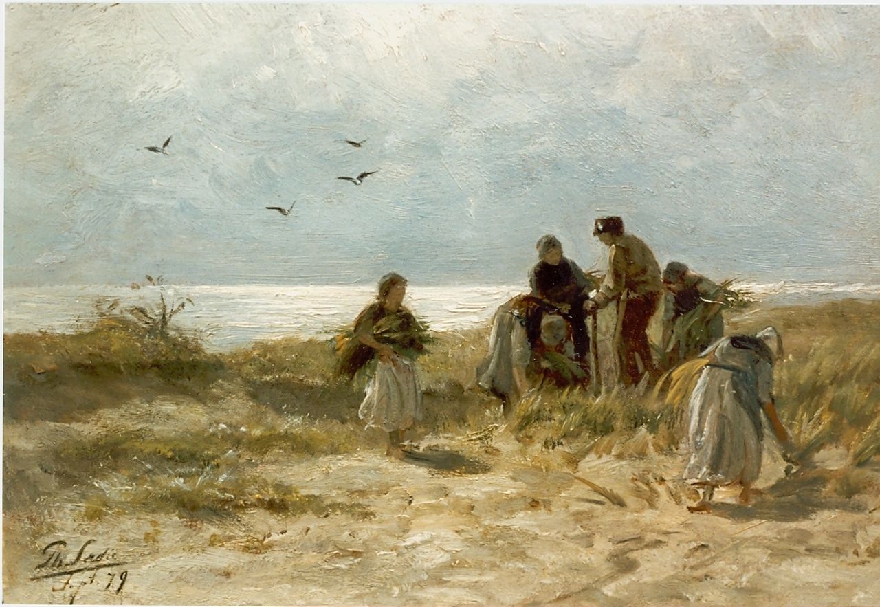 Sadée P.L.J.F.  | Philip Lodewijk Jacob Frederik Sadée, Planting of marram in the dunes, oil on panel 21.5 x 32.0 cm, signed l.r. and dated '79