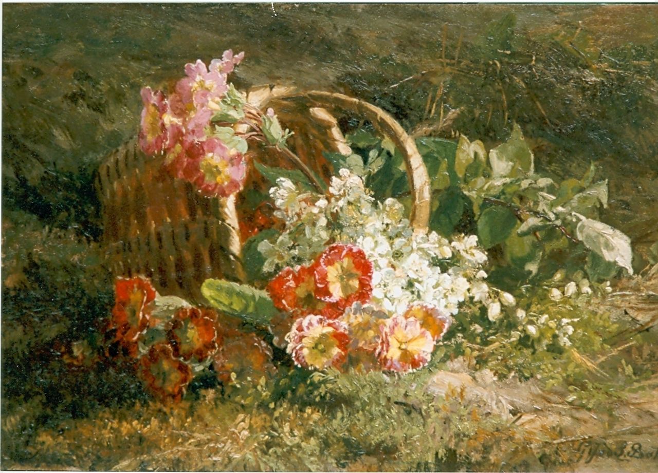 Sande Bakhuyzen G.J. van de | 'Gerardine' Jacoba van de Sande Bakhuyzen, Flowers in a basket, oil on panel 23.0 x 35.0 cm, signed l.r.