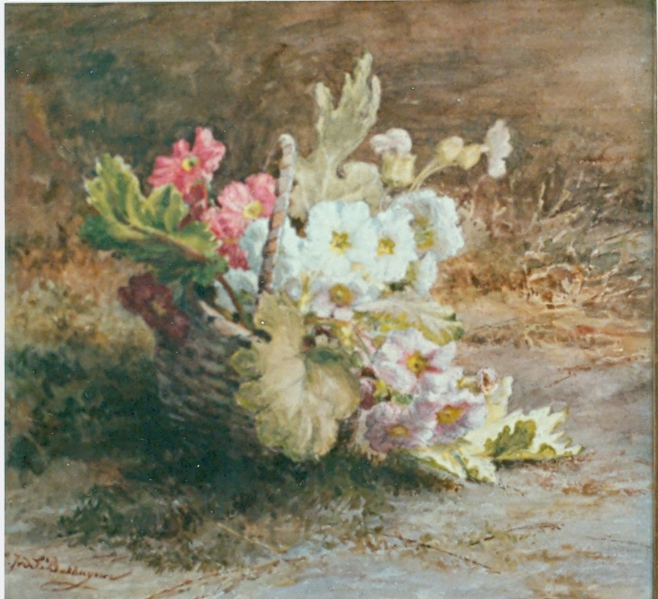 Sande Bakhuyzen G.J. van de | 'Gerardine' Jacoba van de Sande Bakhuyzen, Flowers in a basket, watercolour on paper 44.5 x 37.3 cm, signed l.l.