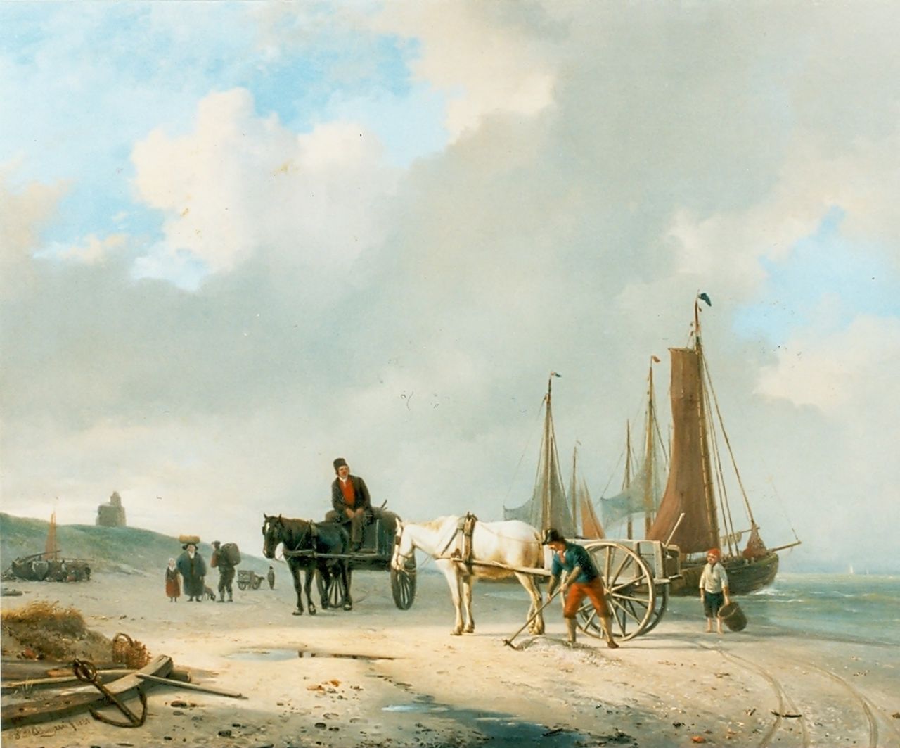 Sande Bakhuyzen H. van de | Hendrikus van de Sande Bakhuyzen, Shell-gatherers on the beach near Oostende, oil on panel 38.6 x 49.3 cm, signed l.l. and dated 1831