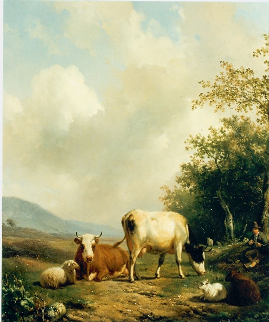 Sande Bakhuyzen H. van de | Hendrikus van de Sande Bakhuyzen, A shepherd and cattle in a landscape, oil on panel 52.0 x 46.0 cm, signed l.l.
