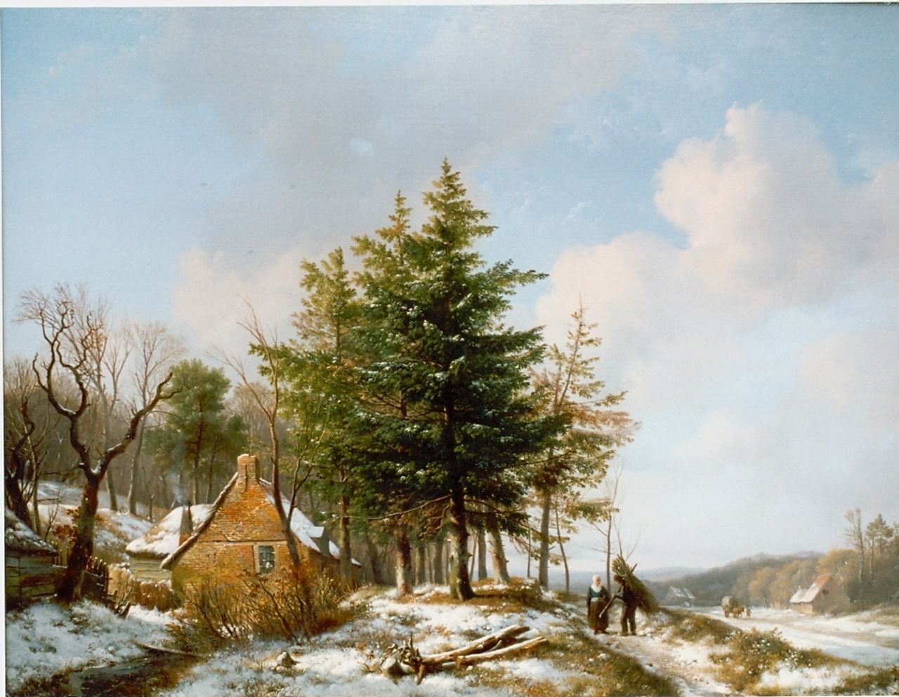 Sande Bakhuyzen H. van de | Hendrikus van de Sande Bakhuyzen, A winter landscape with travellers gathering wood, oil on panel 46.8 x 60.0 cm, signed l.l.
