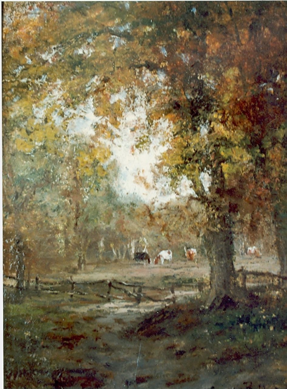 Sande Bakhuyzen J.J. van de | Julius Jacobus van de Sande Bakhuyzen, Autumn landscape with grazing cows, oil on panel 22.2 x 16.4 cm, signed l.r.