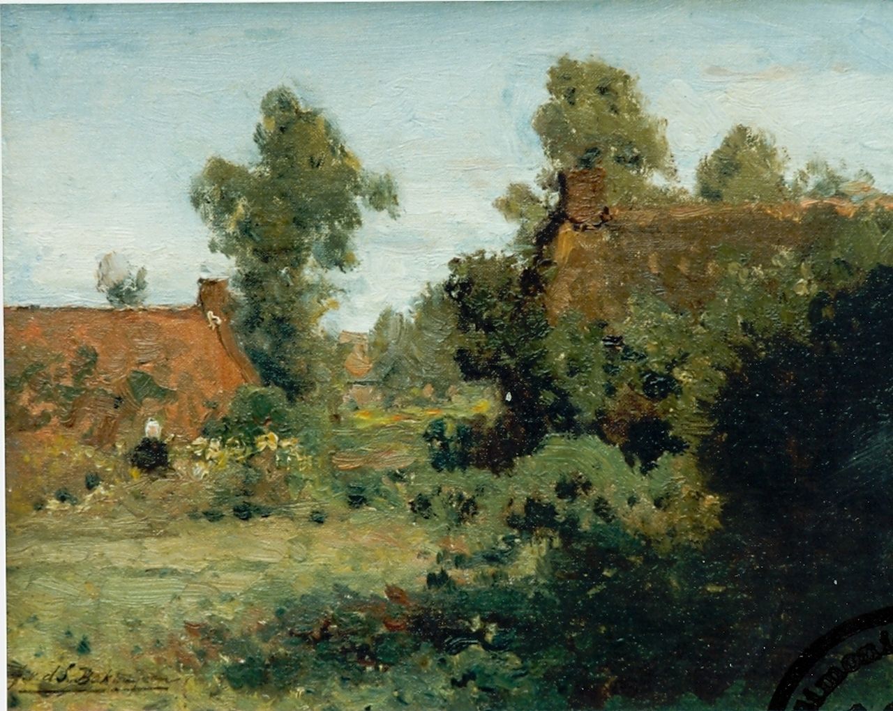 Sande Bakhuyzen J.J. van de | Julius Jacobus van de Sande Bakhuyzen, A farmstead, oil on canvas laid down on panel 23.6 x 31.0 cm, signed l.l.