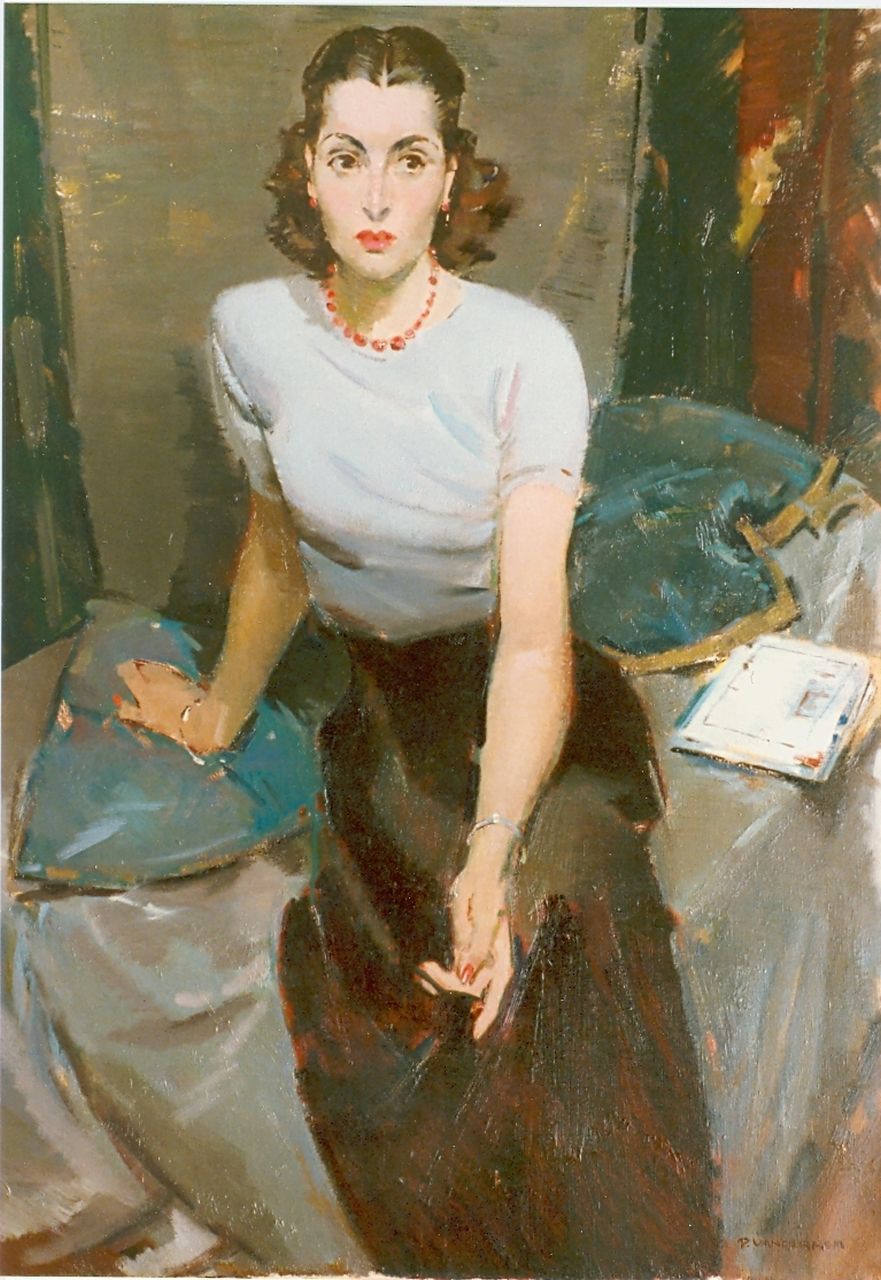 Hem P. van der | Pieter 'Piet' van der Hem, Elegant lady on a sofa, oil on canvas 120.0 x 80.0 cm, signed l.r.