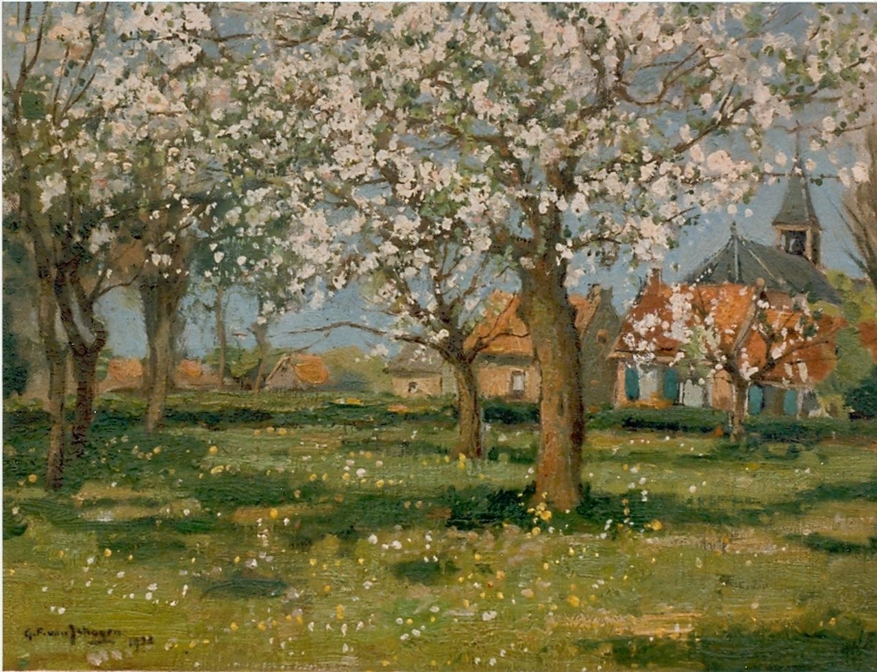 Schagen G.F. van | Gerbrand Frederik van Schagen, An orchard in spring, oil on canvas 30.2 x 40.2 cm, signed l.l.