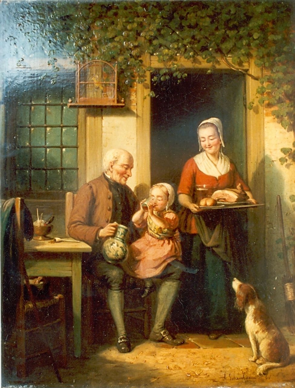 Scheerboom A.  | Andries Scheerboom, A happy family, oil on panel 39.0 x 30.5 cm, signed l.r. and dated '63