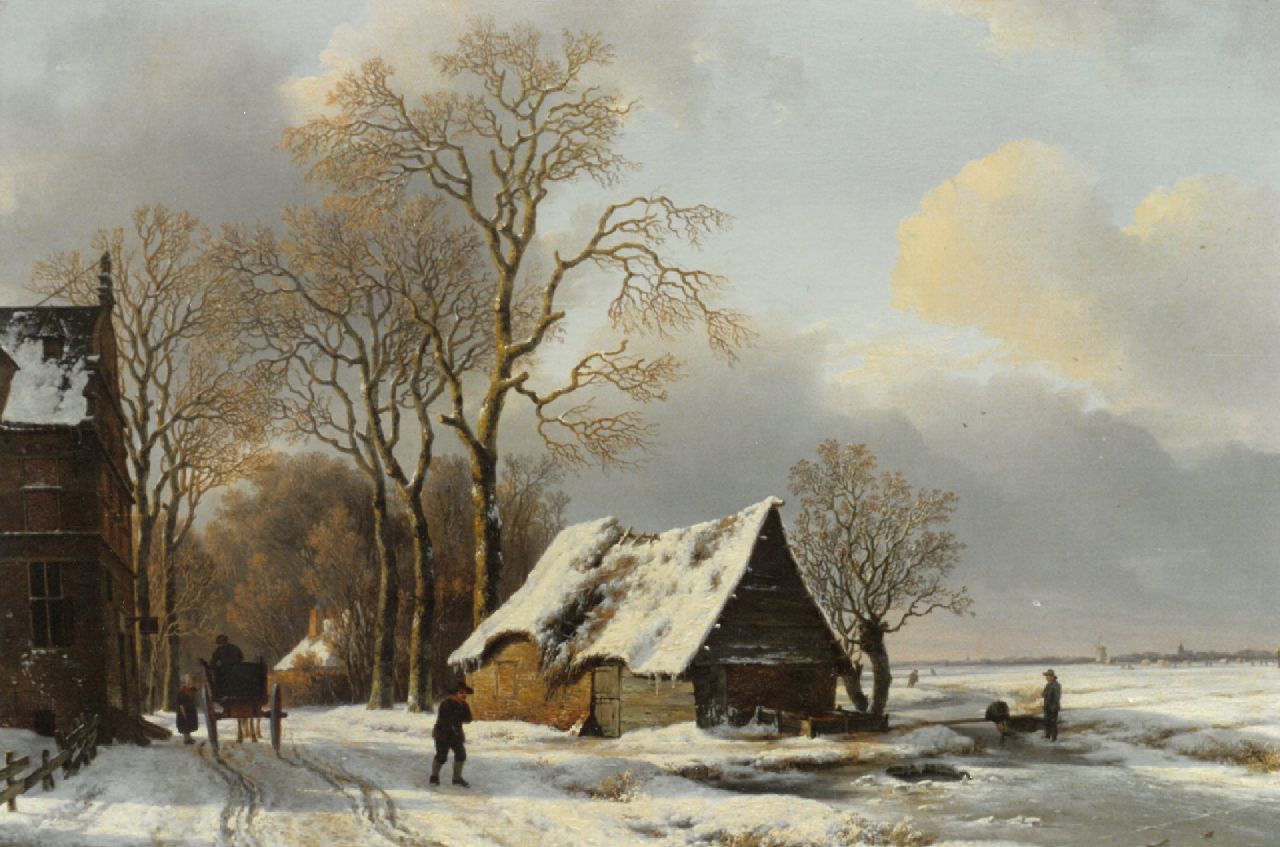 Schelfhout A.  | Andreas Schelfhout, Figures in a winter landscape with houses to the left, oil on panel 63.0 x 79.0 cm