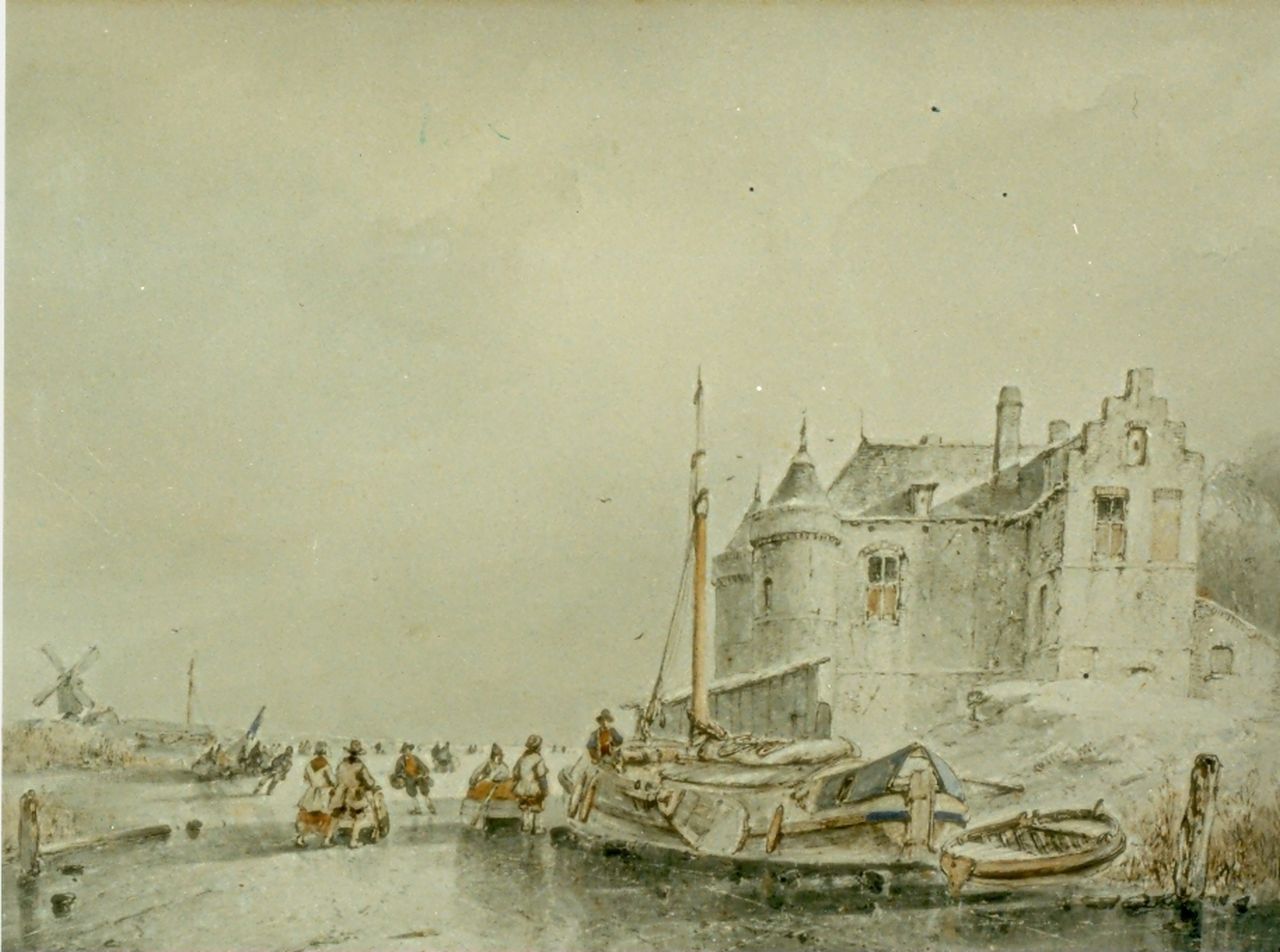 Schelfhout A.  | Andreas Schelfhout, Winter landscape, watercolour on paper 27.5 x 39.0 cm, signed l.r.