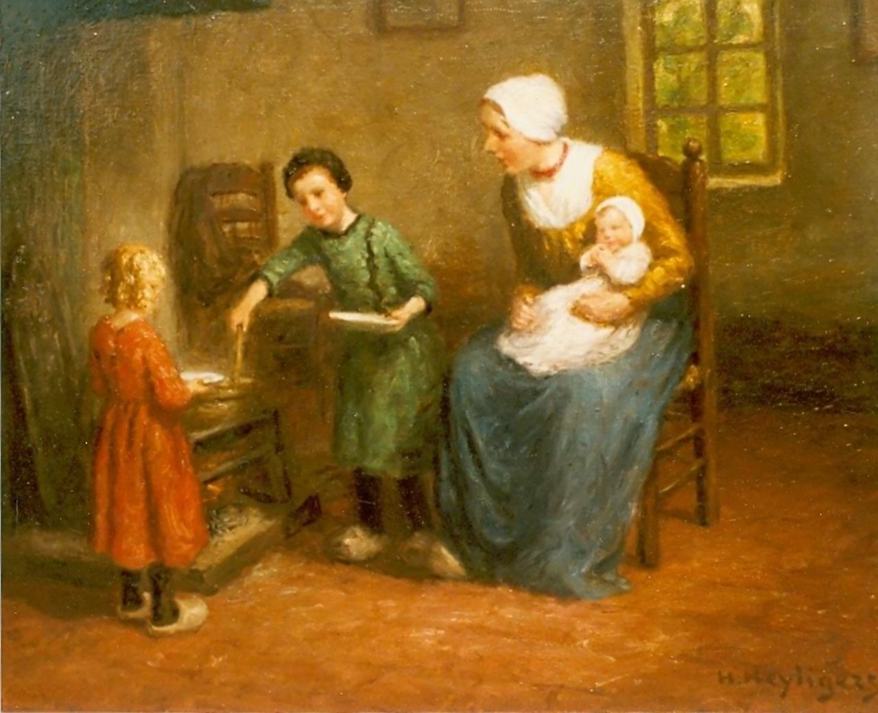 Heijligers H.  | Hendrik 'Henri' Heijligers, Interior with mother and child, oil on canvas 45.5 x 54.5 cm, signed l.r.