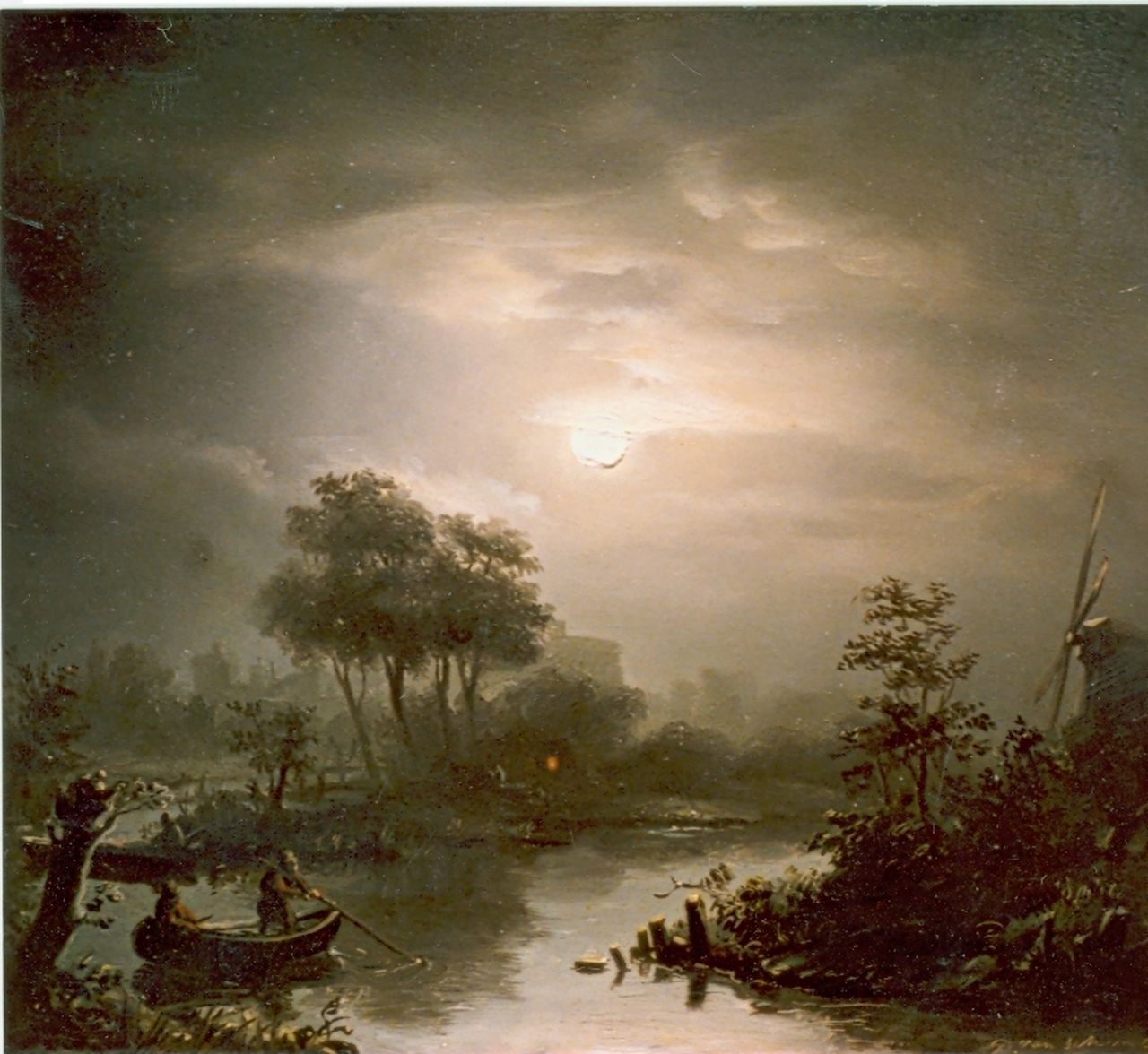 Schendel P. van | Petrus van Schendel, A moonlit landscape with fishermen, oil on panel 19.2 x 22.4 cm, signed l.r.
