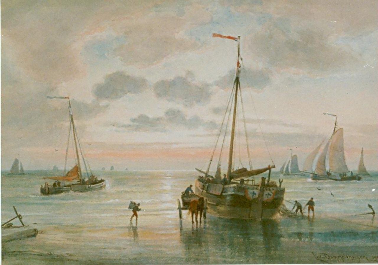 Dommelshuizen C.C.  | Cornelis Christiaan Dommelshuizen, Fishing boats on the beach, watercolour on paper 28.1 x 39.0 cm, signed l.r. and dated 1905