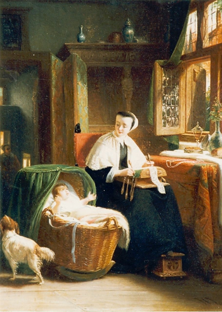 Vaarberg J.C.  | Joannes Christoffel Vaarberg, Interior scene with mother and child, oil on panel 35.5 x 28.0 cm, signed l.r. and dated '60