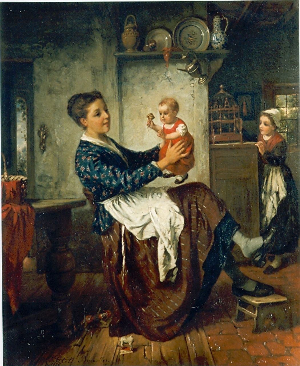 Vaarberg J.C.  | Joannes Christoffel Vaarberg, Interior with mother and child, oil on panel 35.5 x 28.0 cm, signed l.l.