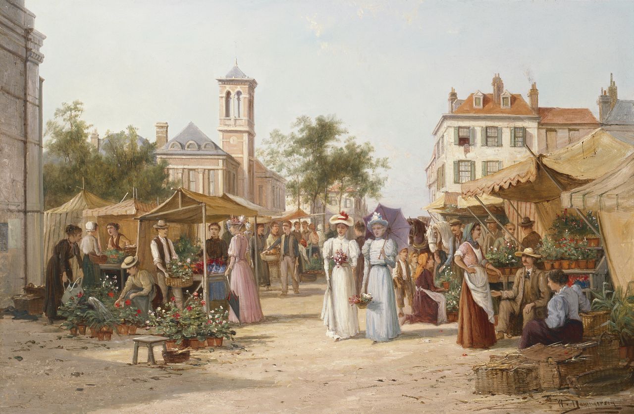 Dommerson W.R.  | William Raymond Dommerson, A flowermarket with elegant ladies, Limburg, oil on canvas 50.7 x 76.3 cm, signed l.r.