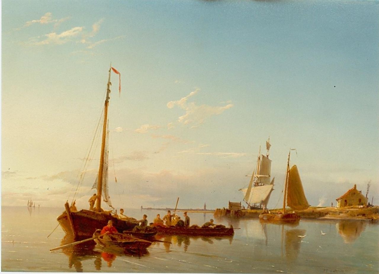 Dommershuijzen P.C.  | Pieter Cornelis Dommershuijzen, The 'Zuiderzee' at dusk, oil on panel 27.8 x 38.0 cm, signed l.r.