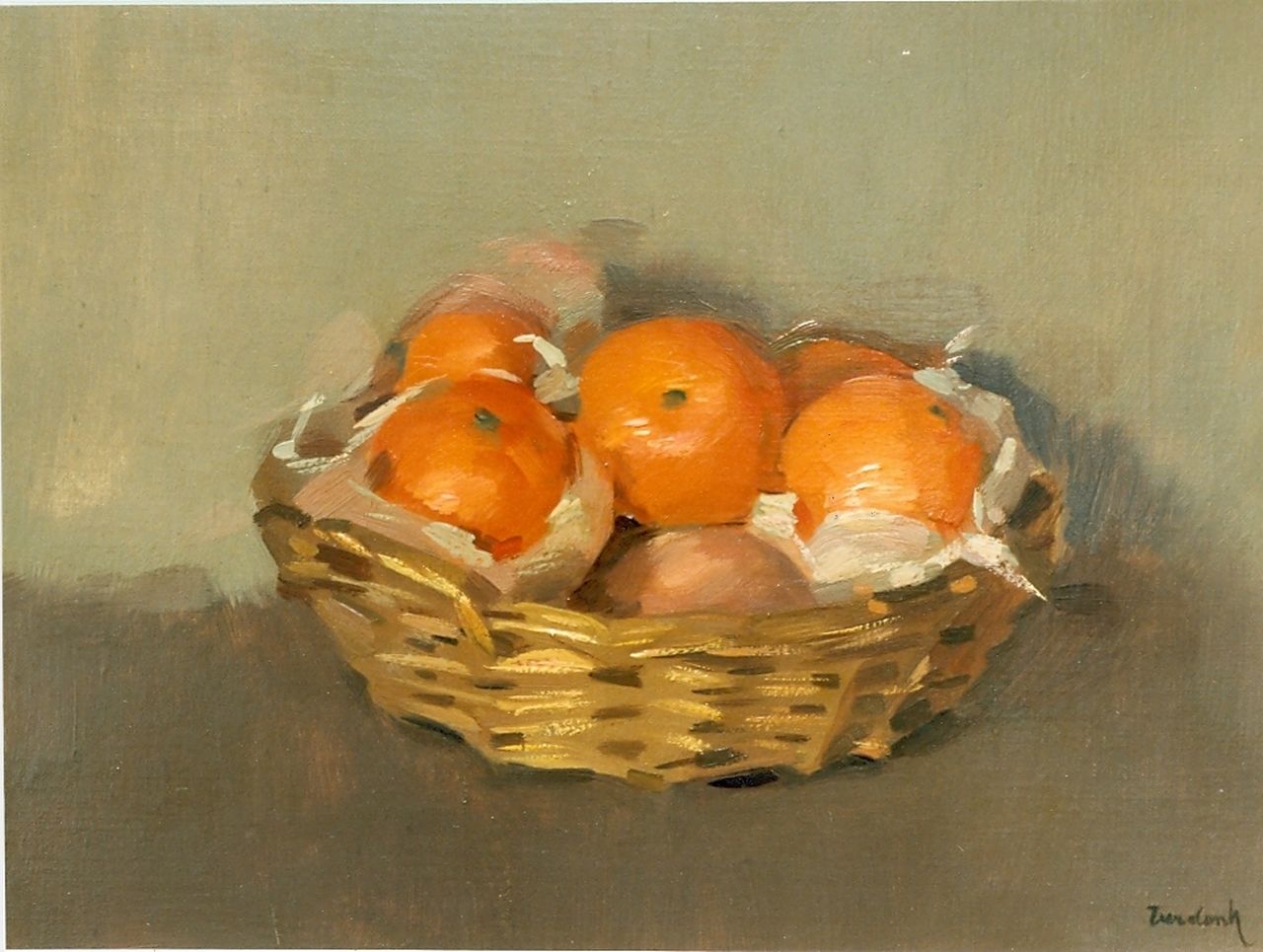 Verdonk F.W.  | Frederik Willem 'Frits' Verdonk, Mandarins in a basket, oil on canvas 30.0 x 40.5 cm, signed l.r.