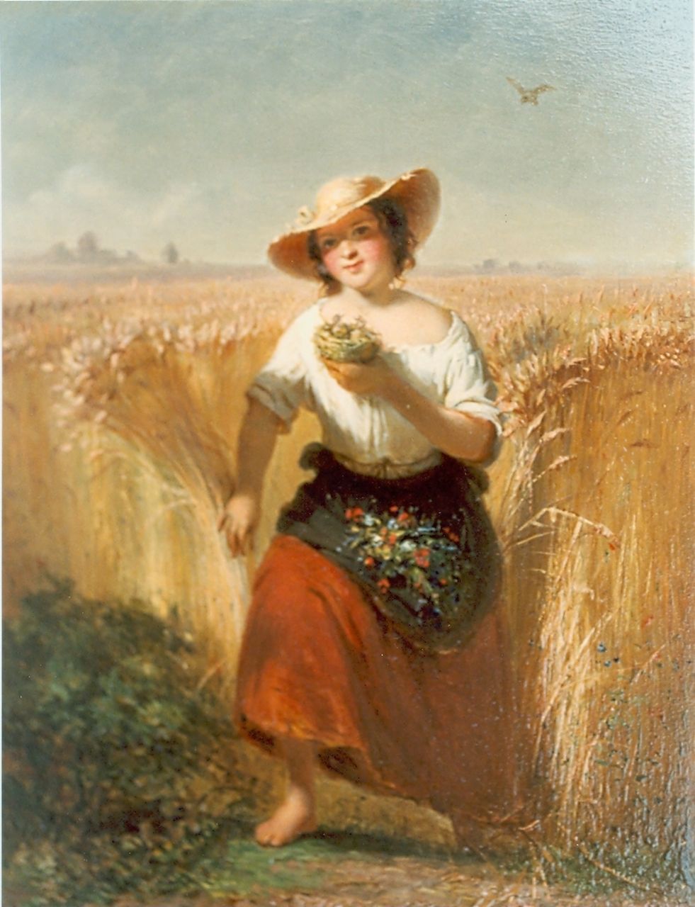 Verheijen J.H.  | Jan Hendrik Verheijen, Woman in a cornfield, oil on panel 20.7 x 15.2 cm, signed l.r.