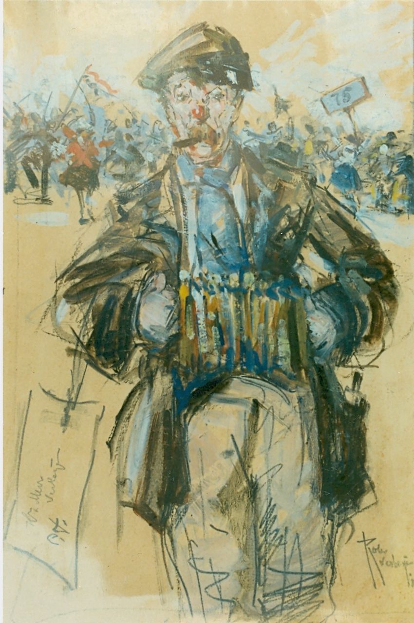 Verheijen R.F.  | 'Robert' Ferdinand  Verheijen, A street musician, pastel and chalk on paper 31.0 x 19.0 cm, signed l.r.