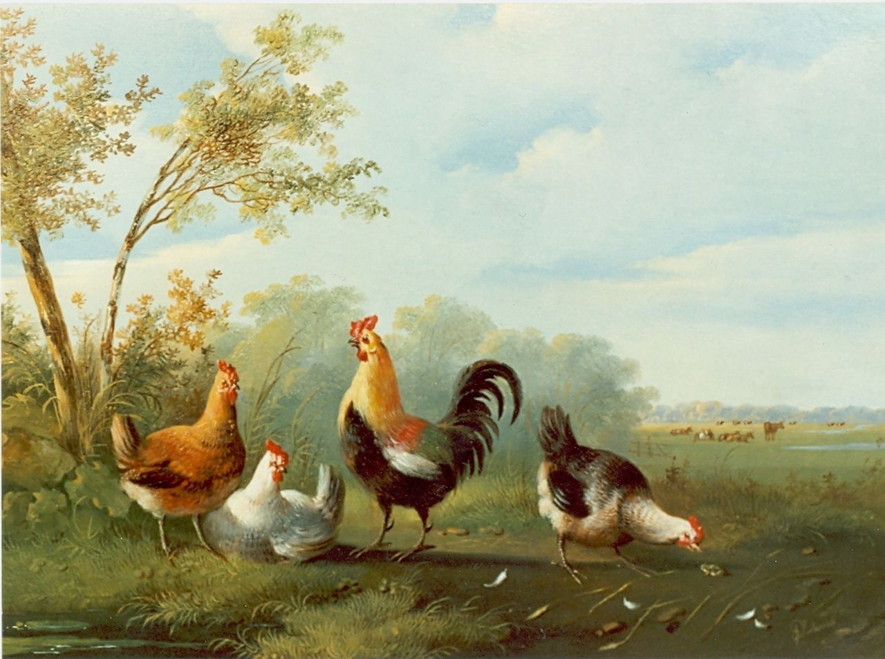 Verhoesen A.  | Albertus Verhoesen, Rooster and hens, oil on panel 24.5 x 32.5 cm, signed l.r.