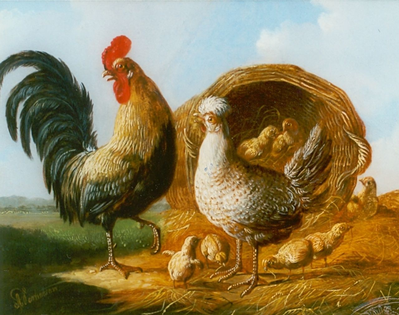 Verhoesen A.  | Albertus Verhoesen, Rooster, hen and chickens, oil on panel 13.5 x 17.5 cm, signed l.l.
