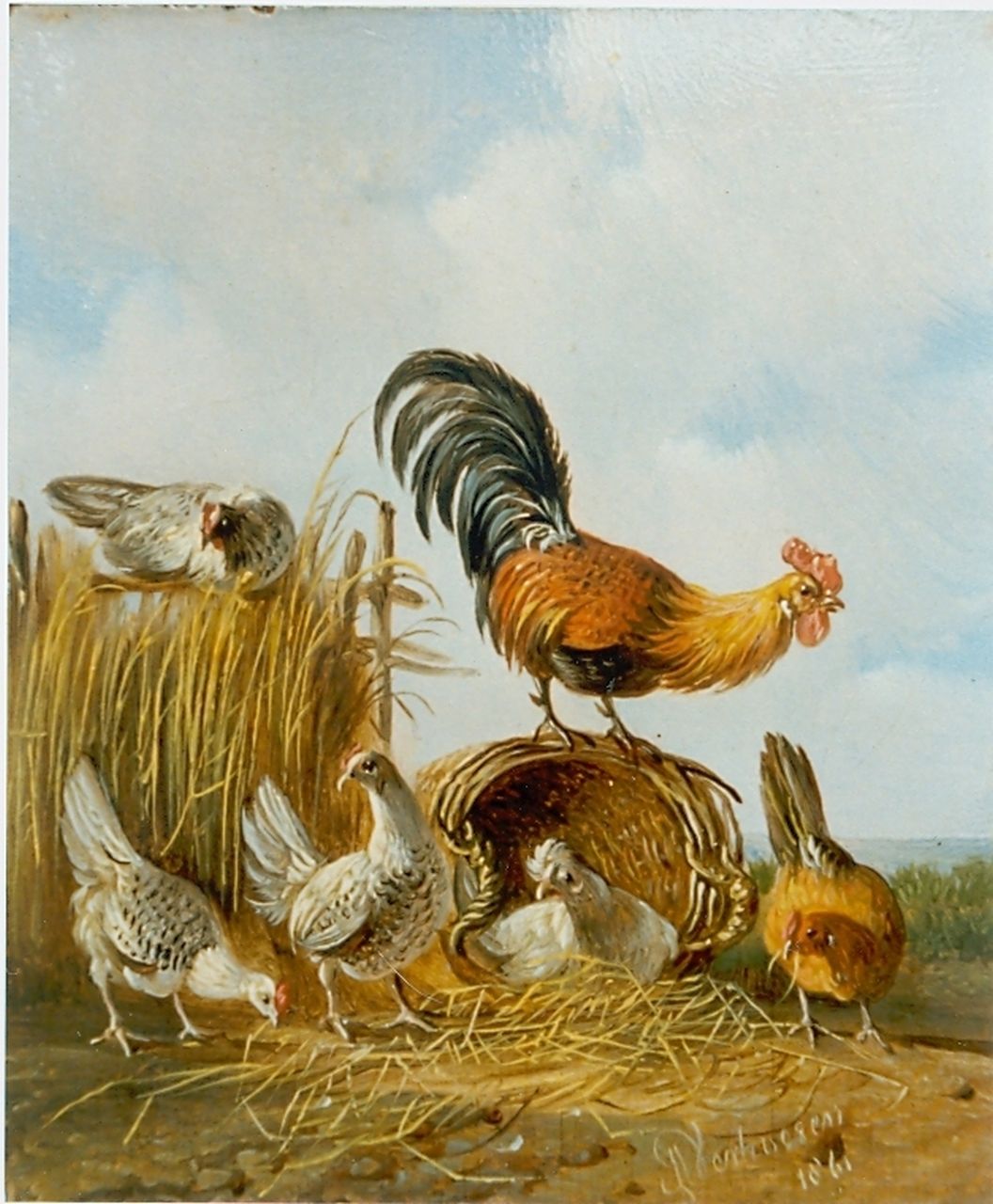Verhoesen A.  | Albertus Verhoesen, A rooster and hens, oil on panel 12.5 x 10.2 cm, signed l.r. and dated 1861