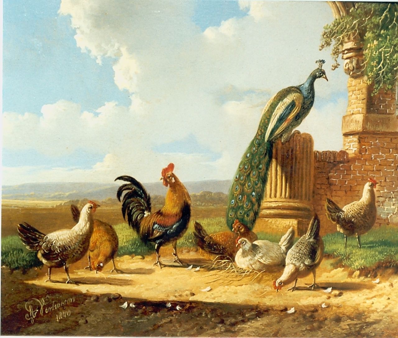 Verhoesen A.  | Albertus Verhoesen, Poultry on a yard, oil on canvas 13.6 x 17.0 cm, signed l.l.