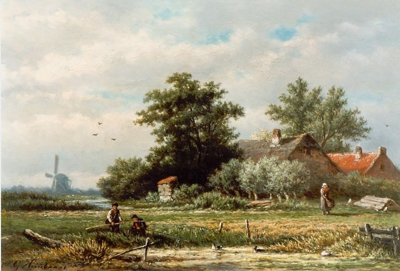 Heerebaart G.  | Georgius Heerebaart, Fishermen near a ditch, oil on panel 25.0 x 35.0 cm, signed l.l.