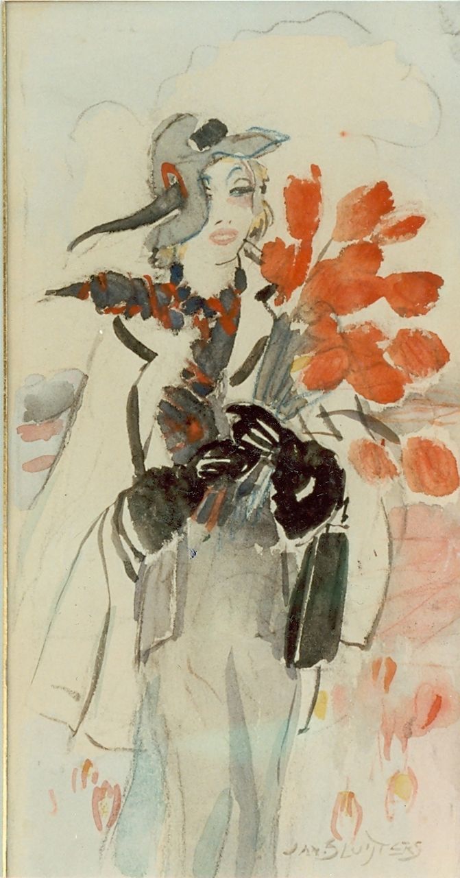 Sluijter J.J.H.  | Johanna Jozina Helena 'Anna' Sluijter, Elegant lady with red tulips, watercolour on board 24.5 x 14.0 cm, signed l.r.
