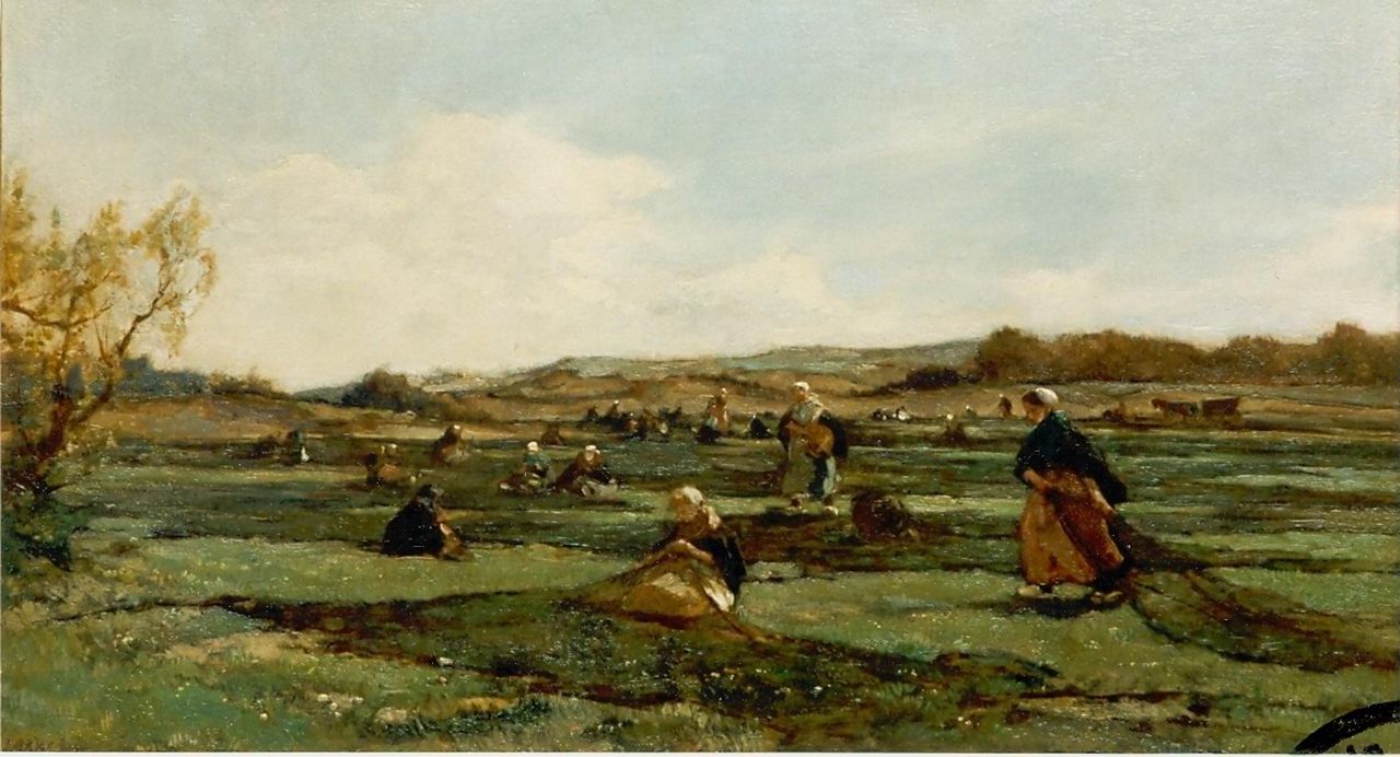 Akkeringa J.E.H.  | 'Johannes Evert' Hendrik Akkeringa, Mending the nets in the dunes, oil on canvas 46.0 x 80.0 cm, signed l.l.