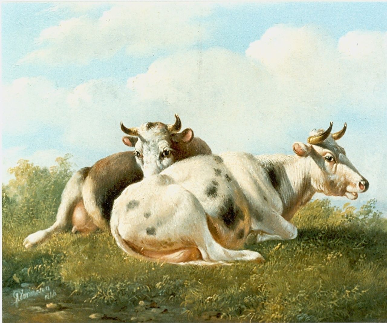 Verhoesen A.  | Albertus Verhoesen, Cows in a meadow, oil on panel 14.5 x 16.5 cm, signed l.l. and dated 1846