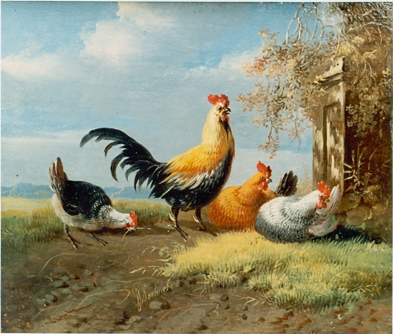Verhoesen A.  | Albertus Verhoesen, A rooster and chickens, oil on panel 11.3 x 13.2 cm, signed l.l.