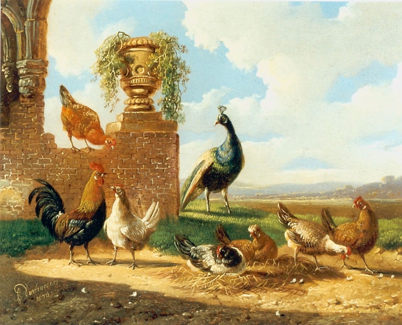 Verhoesen A.  | Albertus Verhoesen, Chickens and a  peacock in a classical landscape, oil on panel 13.5 x 17.2 cm, signed l.l. and dated 1870