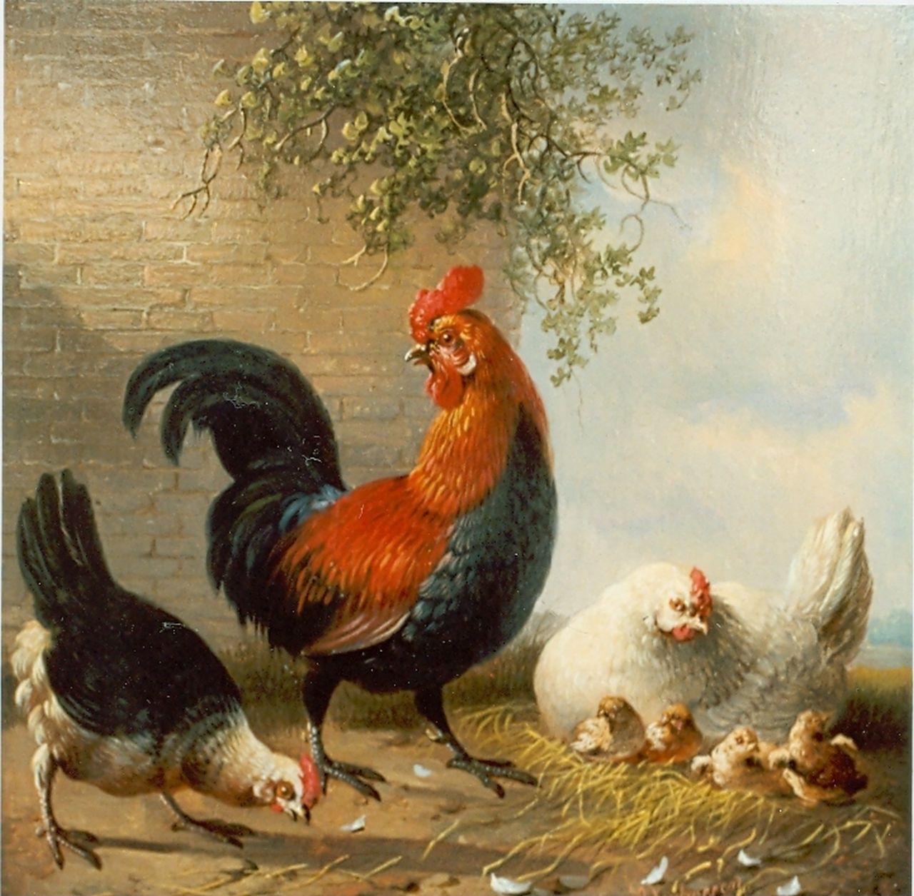 Verhoesen A.  | Albertus Verhoesen, Rooster, hen and chickens, oil on panel 16.5 x 16.5 cm, signed l.r. and dated 1858