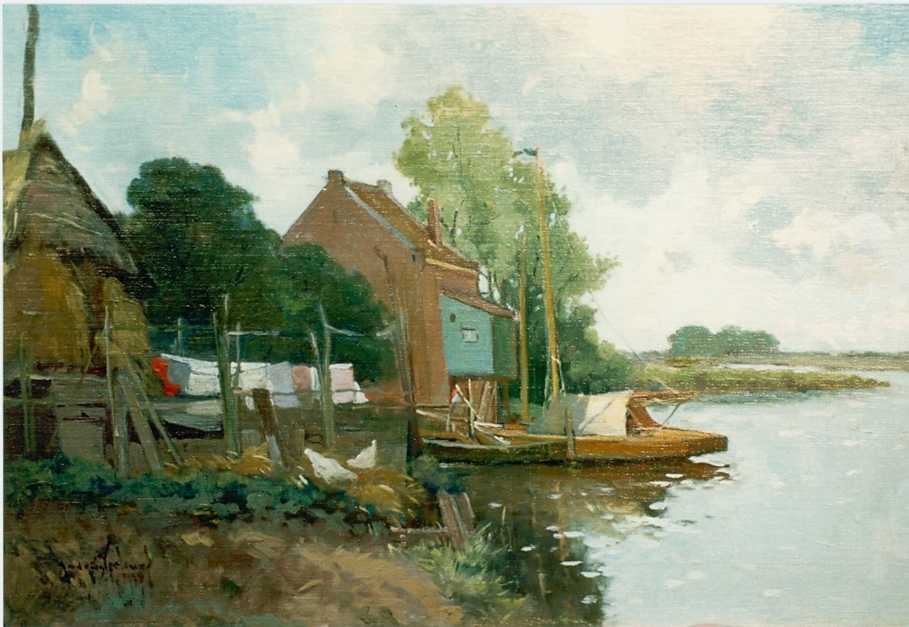 Verleur A.  | Andries Verleur, Farm along a waterway, oil on panel 32.5 x 49.5 cm, signed l.l.