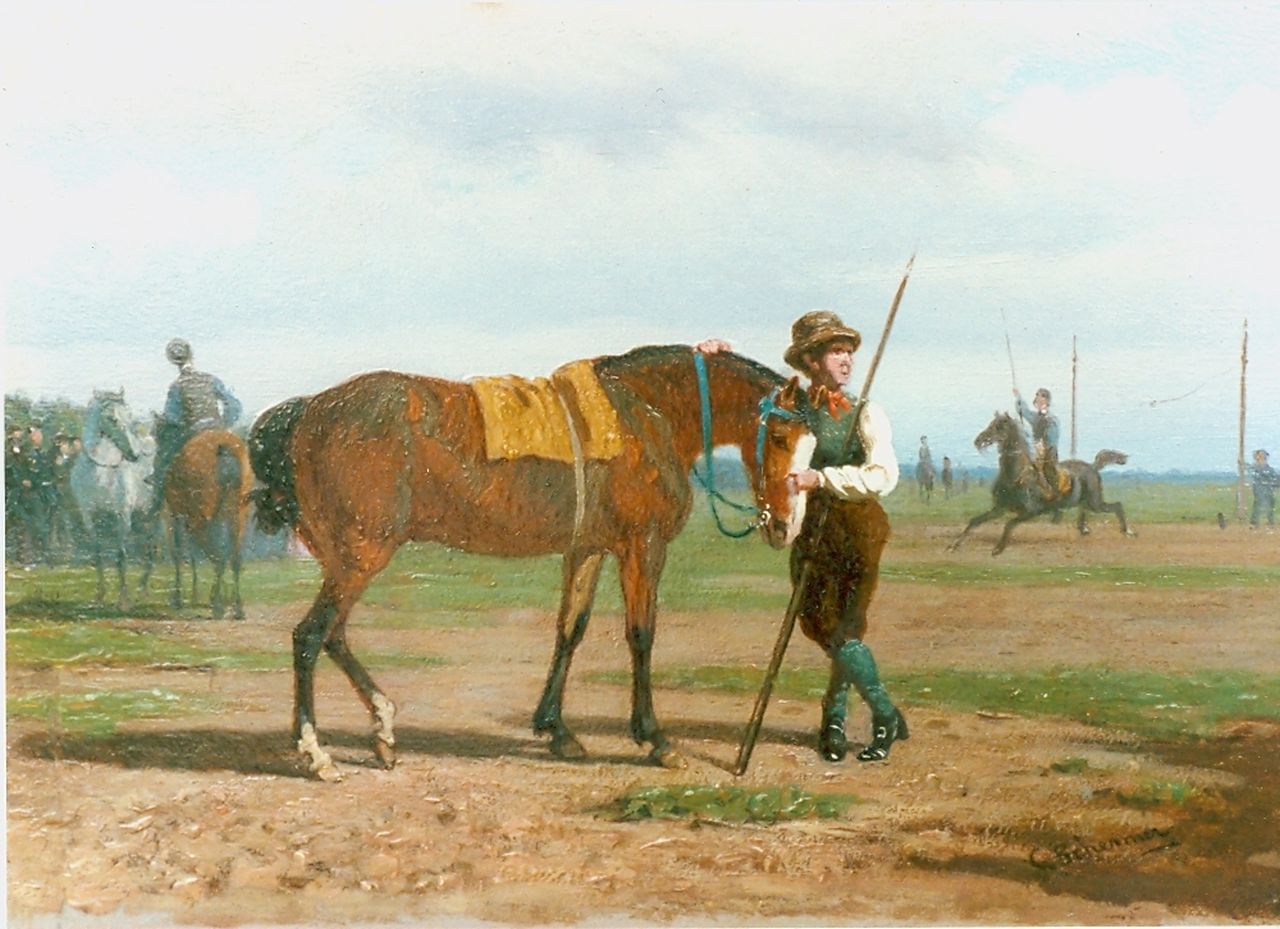 Schermer C.A.J.  | Cornelis Albertus Johannes Schermer, Rider and his horse, oil on panel 13.0 x 18.3 cm, signed l.r.