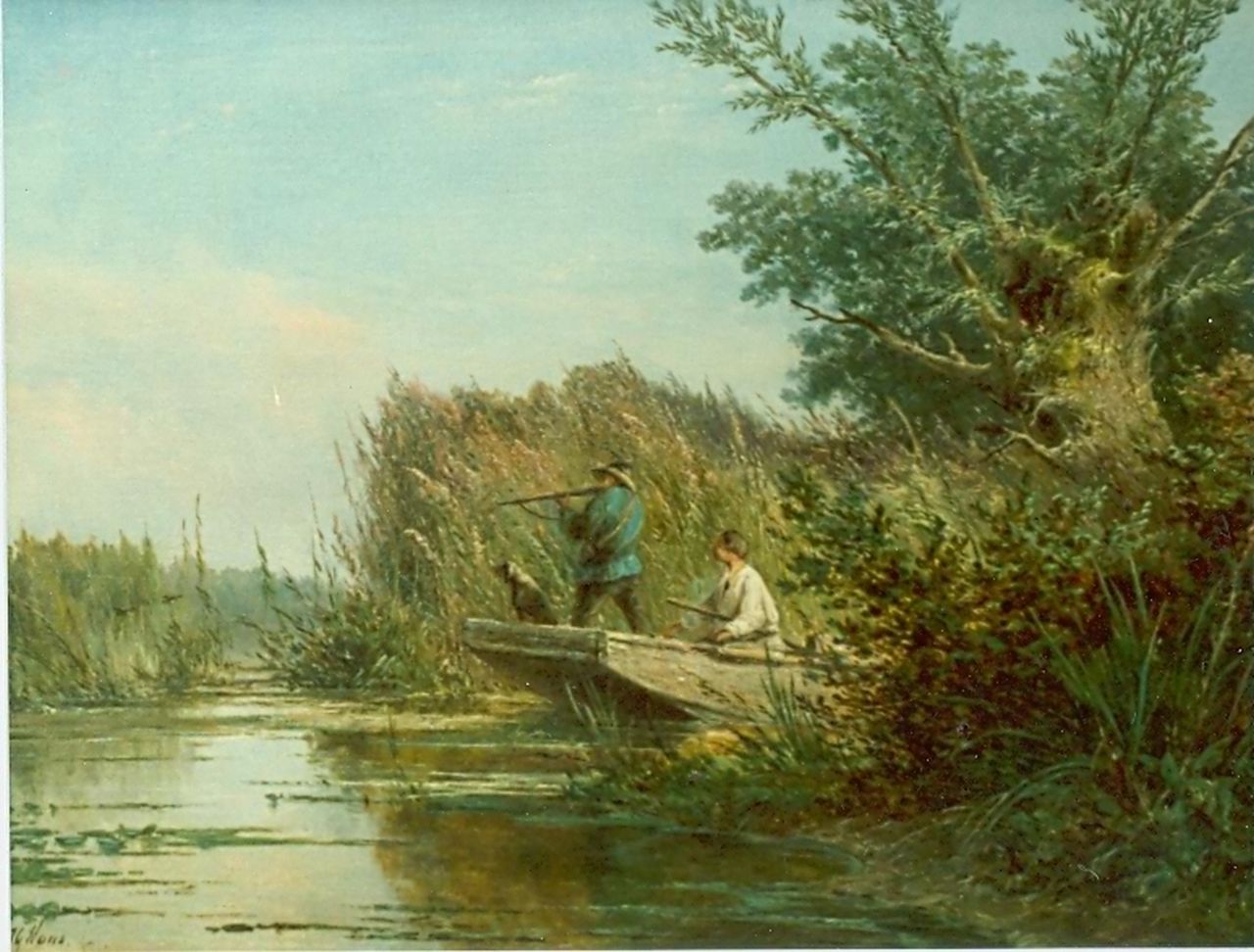 Hans J.G.  | Josephus Gerardus Hans, Duck hunting, oil on canvas 34.3 x 44.5 cm, signed l.l.