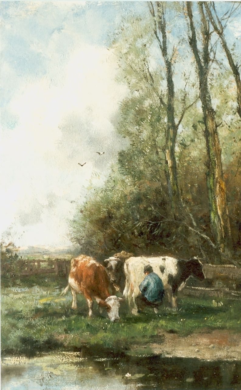 Scherrewitz J.F.C.  | Johan Frederik Cornelis Scherrewitz, Milking time, oil on canvas 45.3 x 31.1 cm