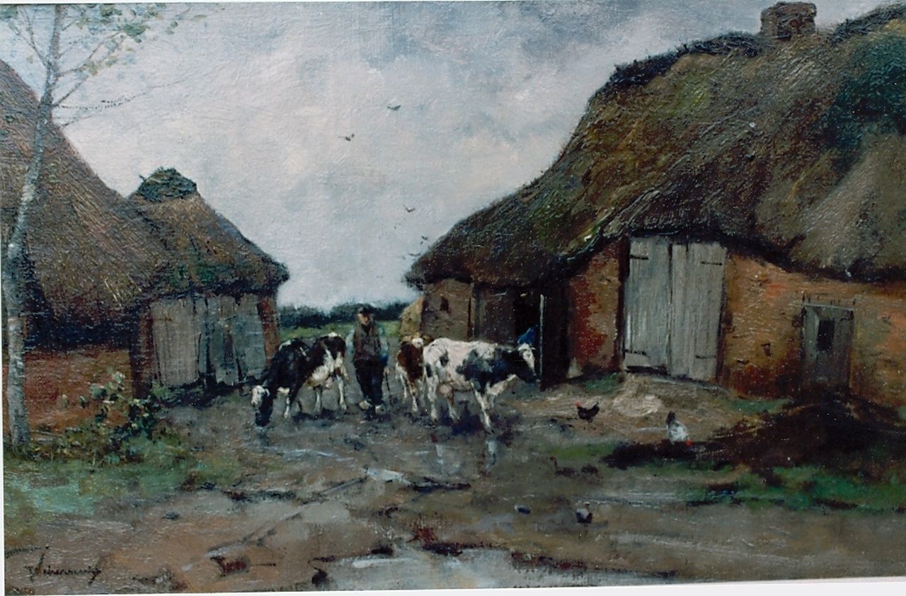 Scherrewitz J.F.C.  | Johan Frederik Cornelis Scherrewitz, A farmer with cattle, Heeze, oil on canvas 32.0 x 51.8 cm, signed l.l.