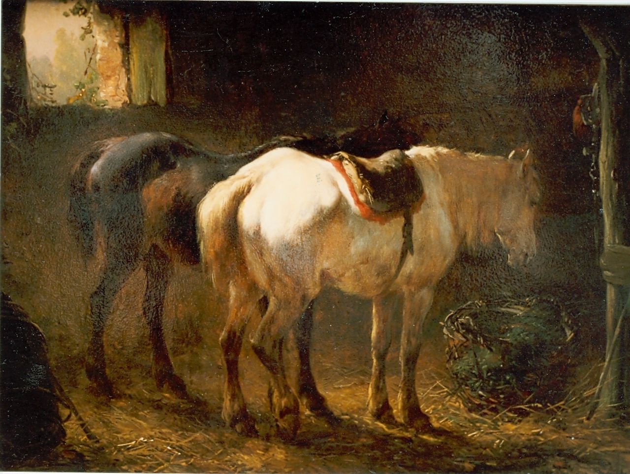 Verschuur W.  | Wouterus Verschuur, Stable interior with two horses, oil on canvas laid down on panel 18.1 x 24.2 cm, signed l.r.