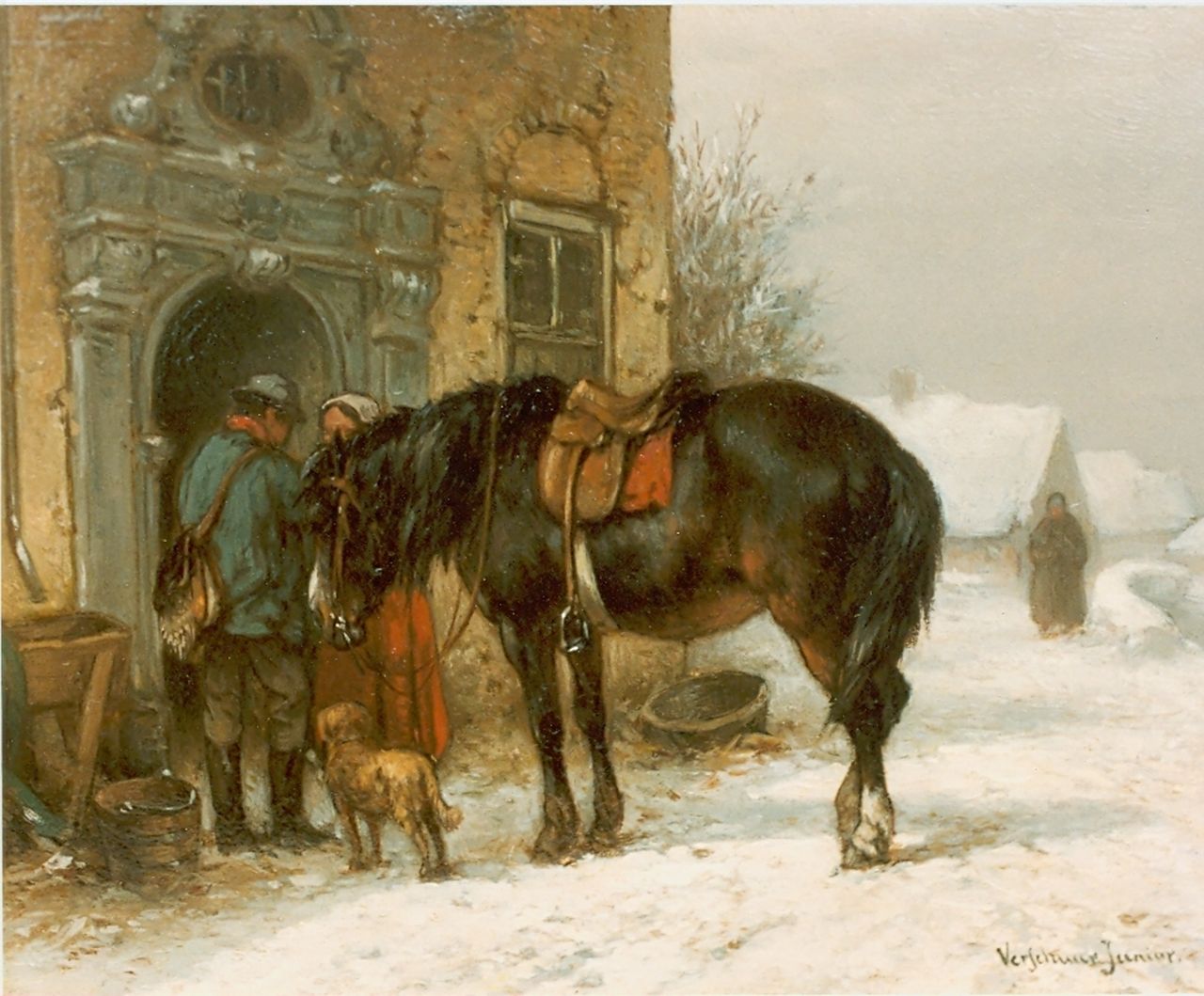 Verschuur jr. W.  | Wouter Verschuur jr., Figures in a winter landscape, oil on panel 14.7 x 19.6 cm, signed l.r.
