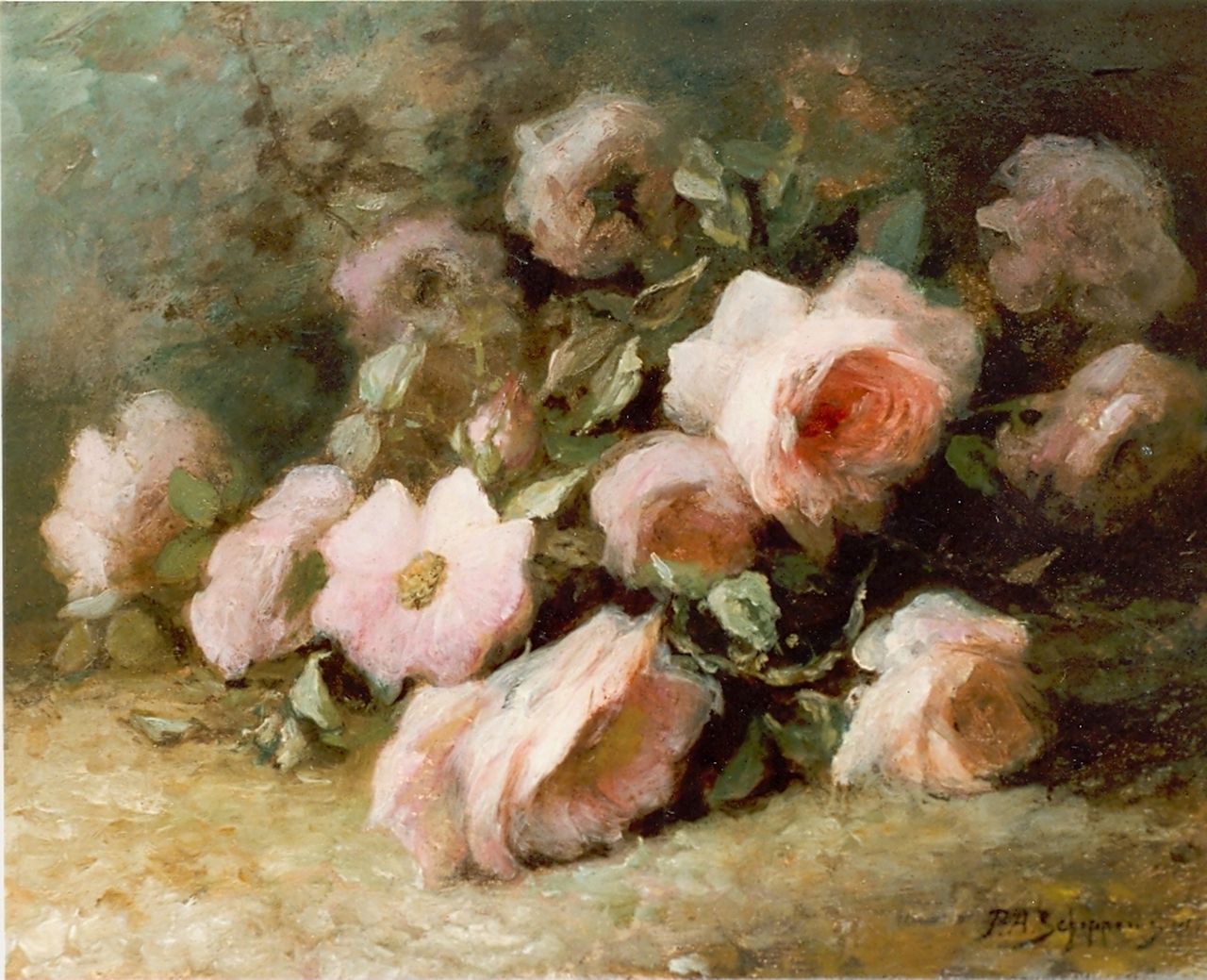 Schipperus P.A.  | Pieter Adrianus 'Piet' Schipperus, Still life with pink roses, oil on panel 29.5 x 38.7 cm, signed l.r. and signed 1915
