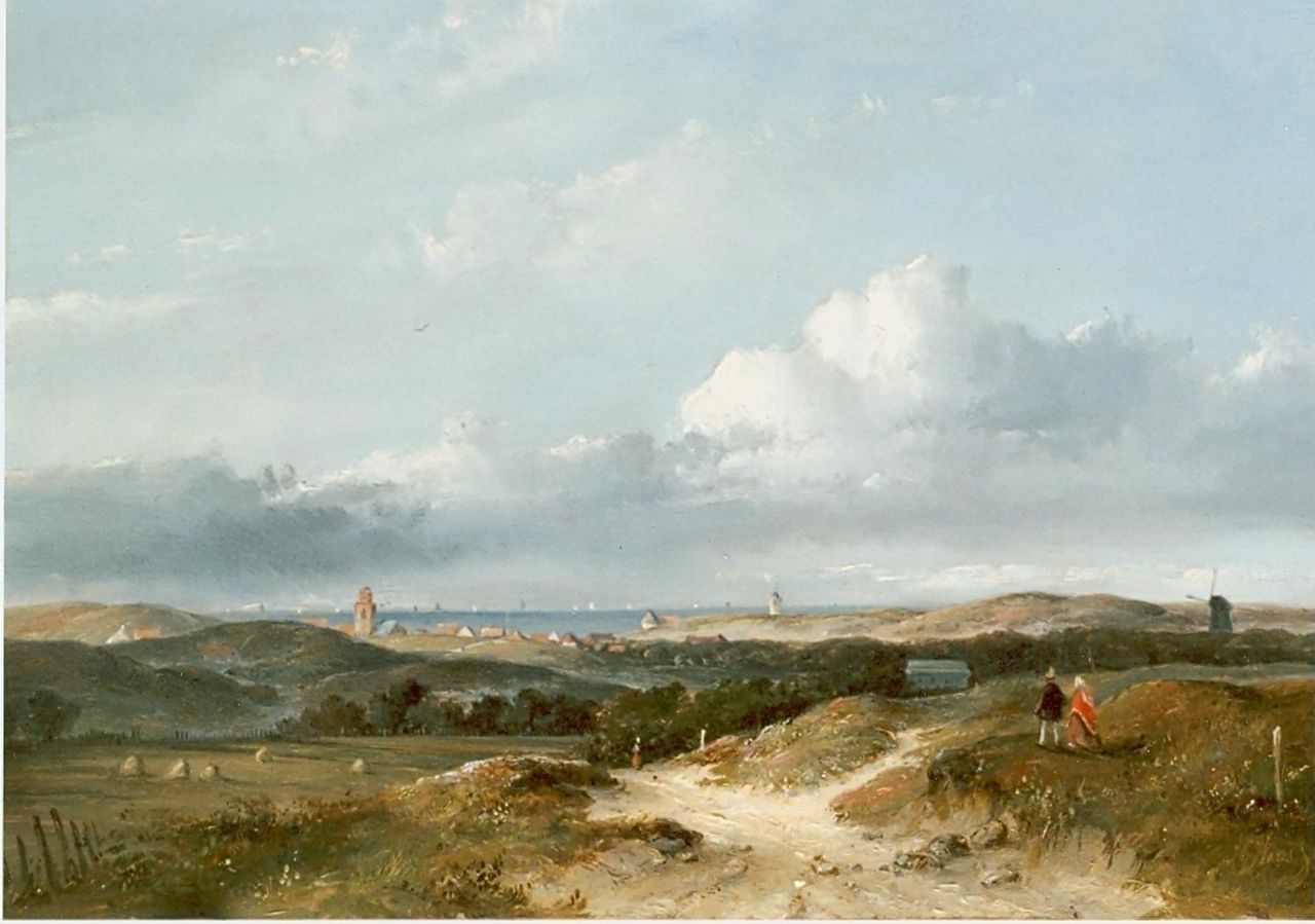 Hans J.G.  | Josephus Gerardus Hans, Panoramic landscape, Katwijk aan Zee in the distance, oil on panel 26.0 x 34.7 cm, signed l.r.