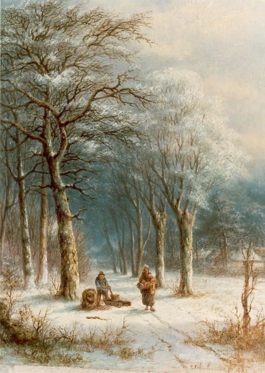 Schulman L.  | Lion Schulman, Gathering wood in winter, oil on panel 32.0 x 25.4 cm, signed l.r. and dated 1885