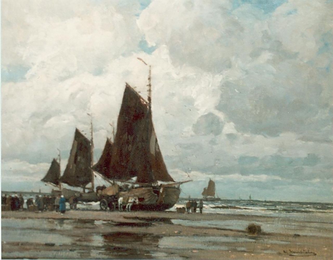 Hambüchen W.  | Wilhelm Hambüchen, Unloading  the catch, oil on canvas 93.5 x 118.5 cm, signed l.r.